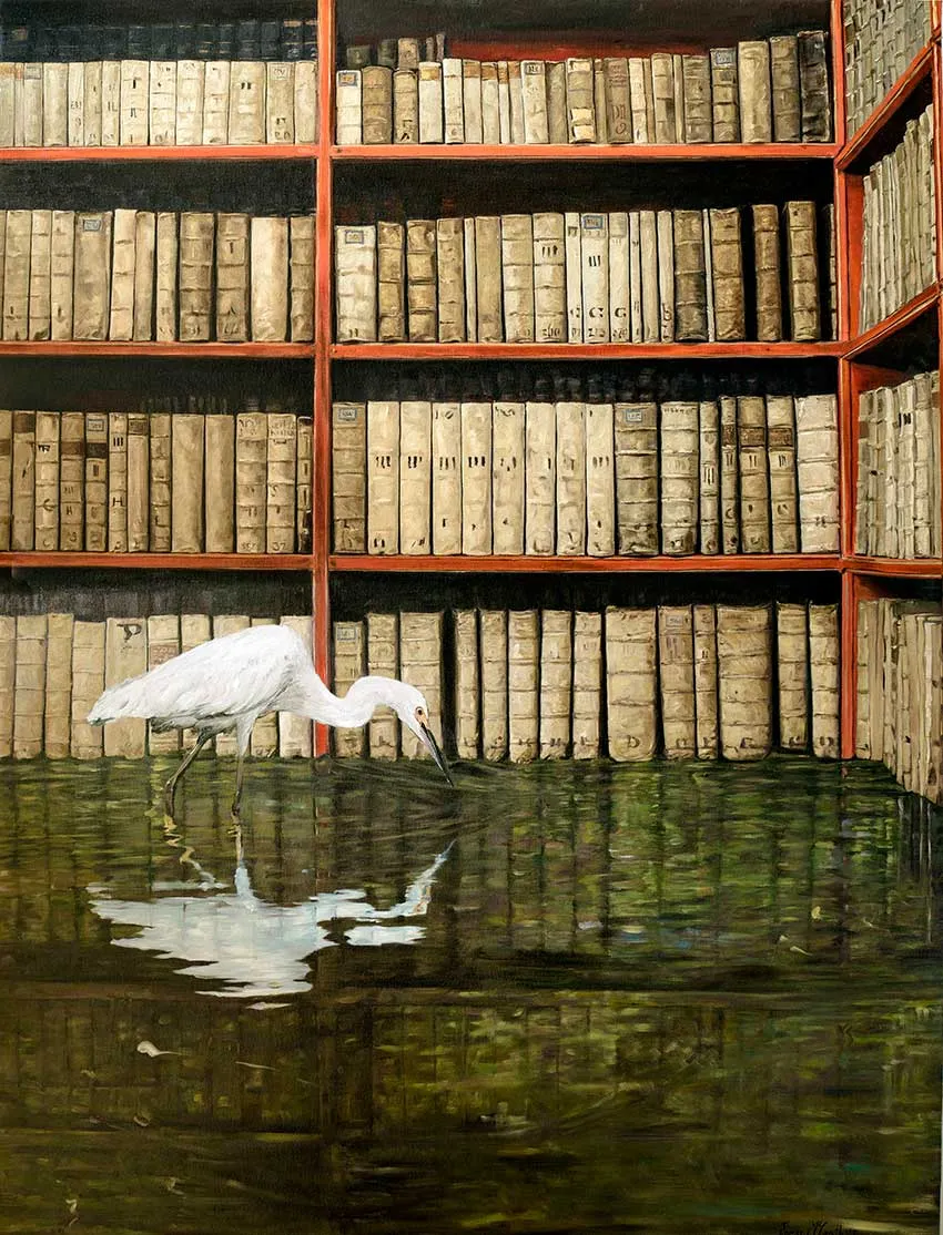 Flooded Library 2, 2018 — oil on canvas mounted to board