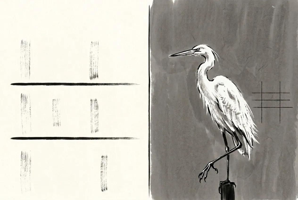 Ink study for Heron and Books